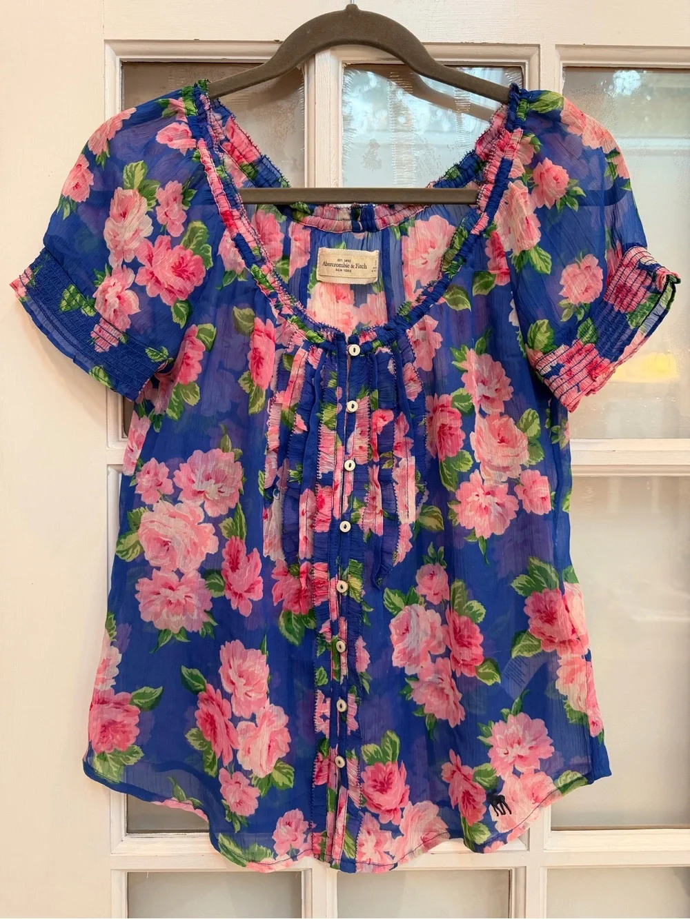 Vintage Abercrombie & Fitch Y2K Sheer Floral Button-Front Peasant Top Size S